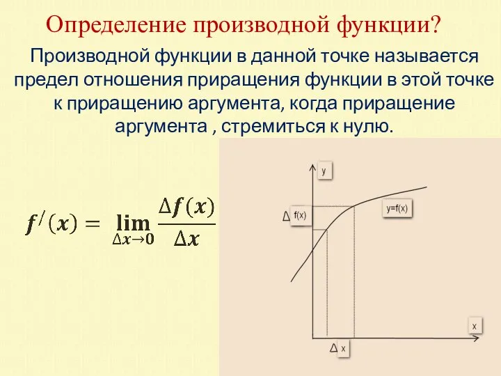 Определение производной функции? Производной функции в данной точке называется предел отношения приращения