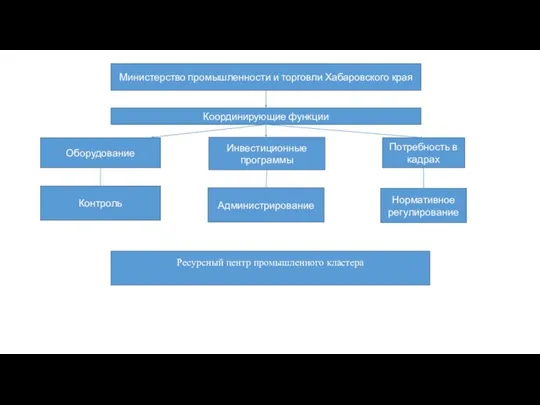 Министерство промышленности и торговли Хабаровского края Ресурсный центр промышленного кластера Координирующие функции