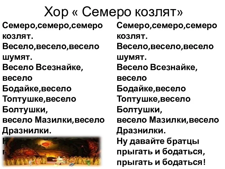 Хор « Семеро козлят» Семеро,семеро,семеро козлят. Весело,весело,весело шумят. Весело Всезнайке,весело Бодайке,весело Топтушке,весело