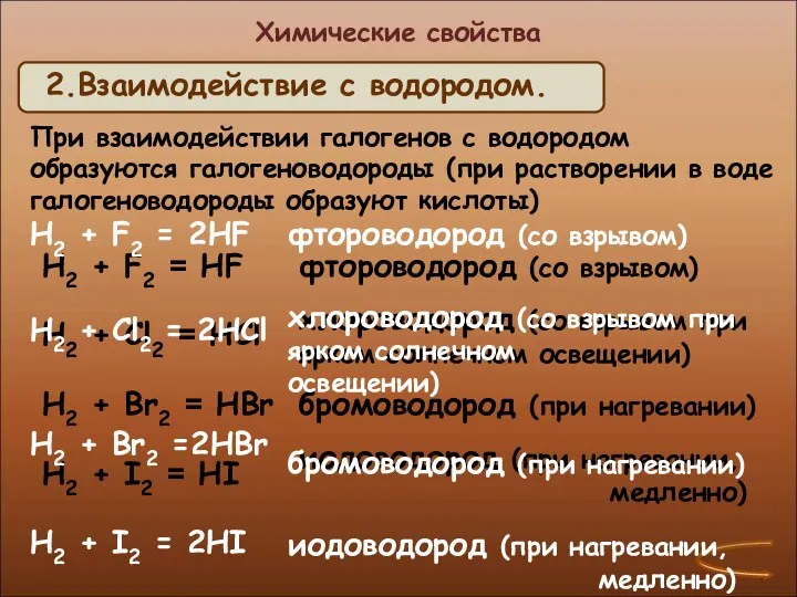 Химические свойства При взаимодействии галогенов с водородом образуются галогеноводороды (при растворении в воде галогеноводороды образуют кислоты)