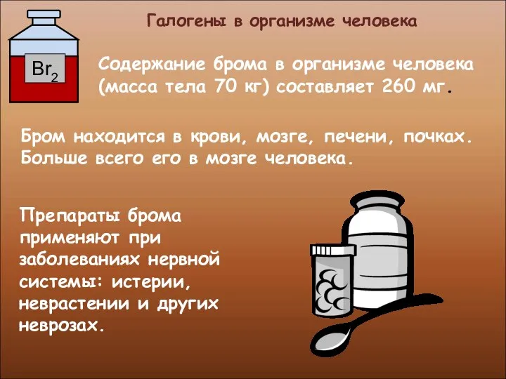 Галогены в организме человека Содержание брома в организме человека (масса тела 70