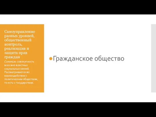 Самоуправление разных уровней, общественный контроль, реализация и защита прав граждан Гражданское общество