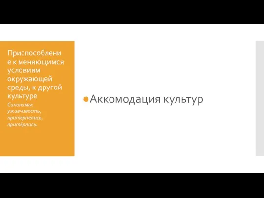 Приспособление к меняющимся условиям окружающей среды, к другой культуре Аккомодация культур Синонимы: уживчивость, притерпелись, притёрлись.