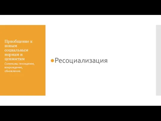 Приобщение к новым социальным нормам и ценностям Ресоциализация Синонимы: вхождение, возрождение, обновление.