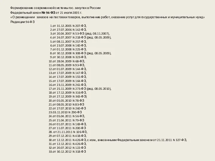 Формирование современной системы гос. закупок в России Федеральный закон № 94-ФЗ от