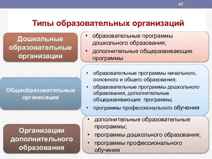 Дошкольные образовательные организации образовательные программы дошкольного образования; дополнительные общеразвивающие программы Типы образовательных