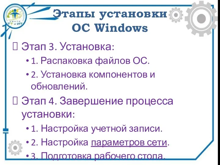 Этапы установки ОС Windows Этап 3. Установка: 1. Распаковка файлов ОС. 2.