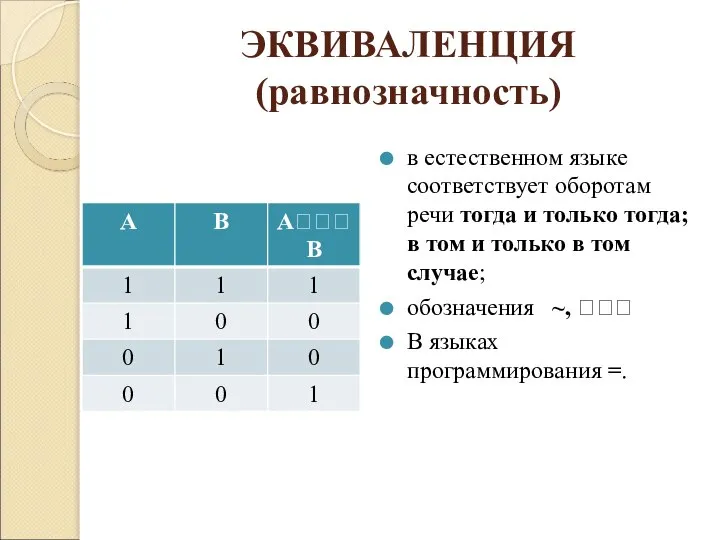 ЭКВИВАЛЕНЦИЯ (равнозначность) в естественном языке соответствует оборотам речи тогда и только тогда;