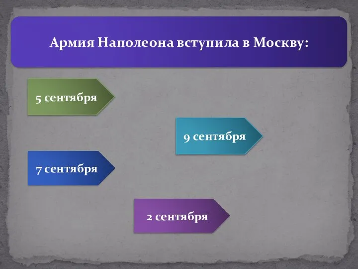 Армия Наполеона вступила в Москву: 5 сентября 9 сентября 7 сентября 2 сентября