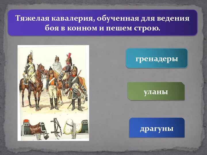 Тяжелая кавалерия, обученная для ведения боя в конном и пешем строю. уланы драгуны гренадеры