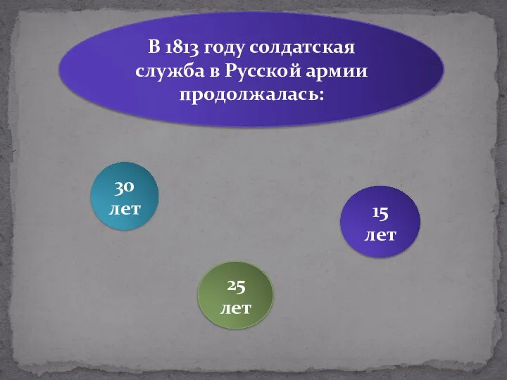 В 1813 году солдатская служба в Русской армии продолжалась: 30 лет 15 лет 25 лет