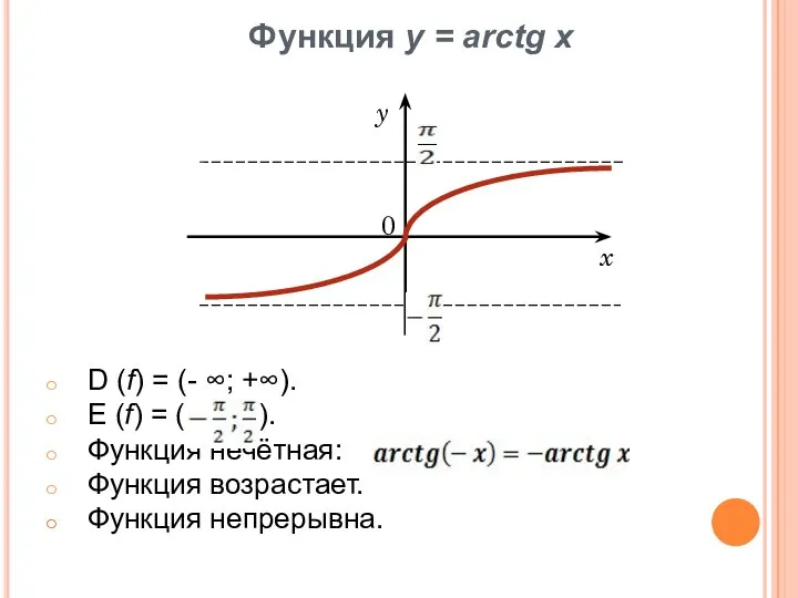 Функция у = arctg x D (f) = (- ∞; +∞). E