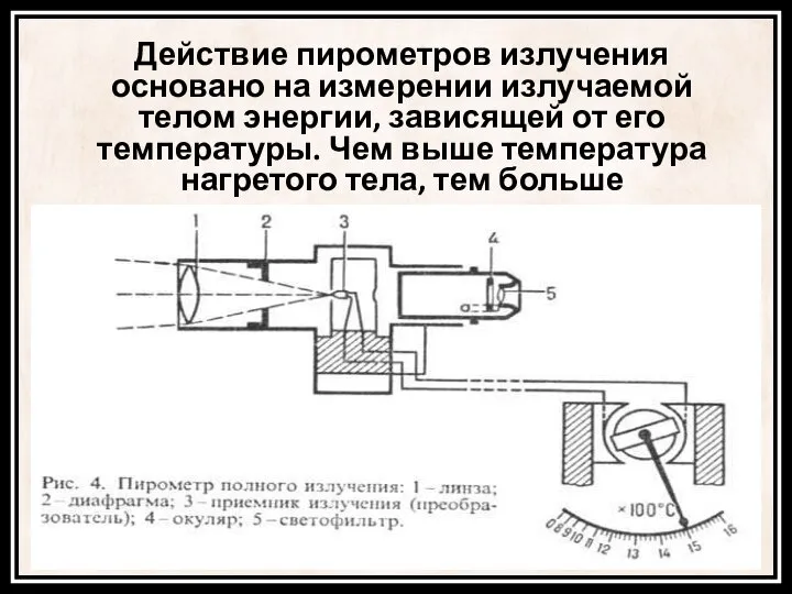 Действие пирометров излучения основано на измерении излучаемой телом энергии, зависящей от его