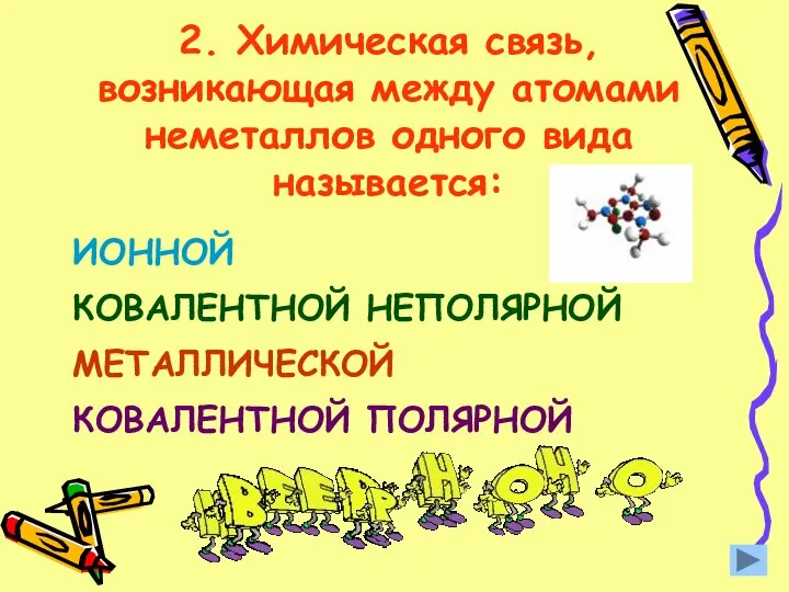 2. Химическая связь, возникающая между атомами неметаллов одного вида называется: ИОННОЙ КОВАЛЕНТНОЙ НЕПОЛЯРНОЙ МЕТАЛЛИЧЕСКОЙ КОВАЛЕНТНОЙ ПОЛЯРНОЙ