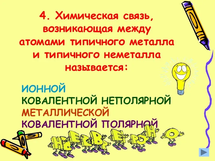 4. Химическая связь, возникающая между атомами типичного металла и типичного неметалла называется: