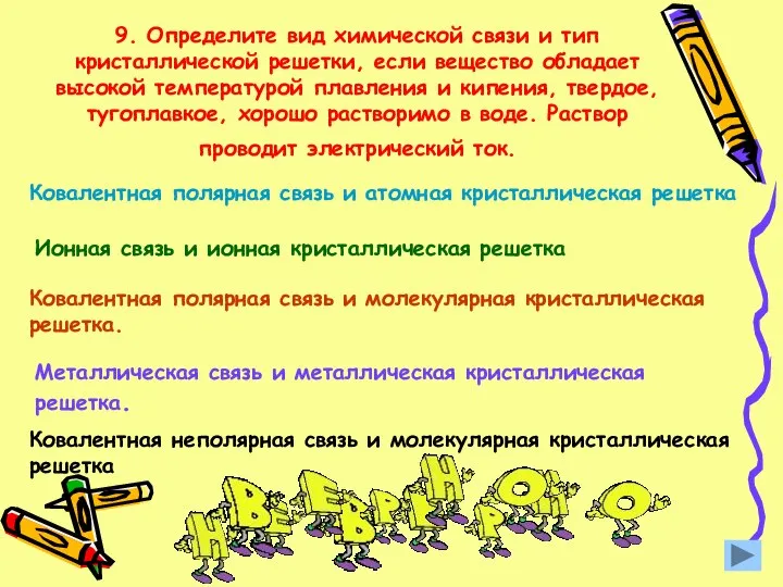 9. Определите вид химической связи и тип кристаллической решетки, если вещество обладает