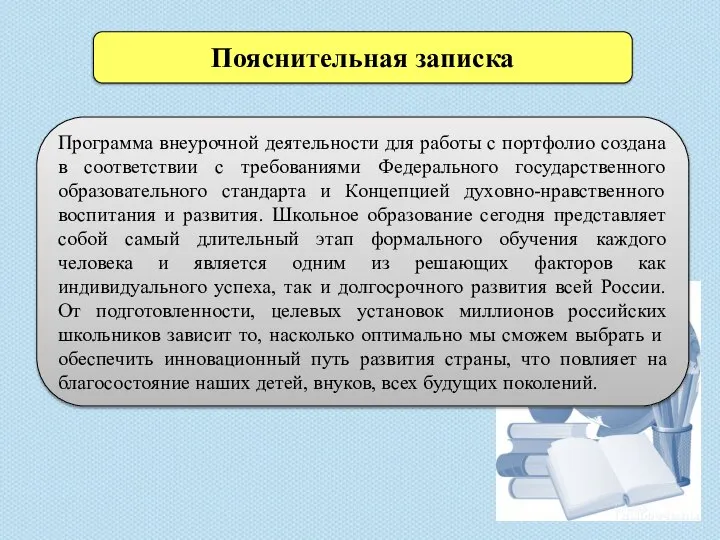 Пояснительная записка Программа внеурочной деятельности для работы с портфолио создана в соответствии