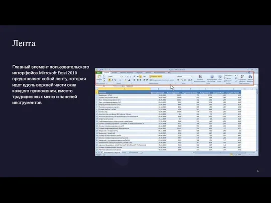 Лента Главный элемент пользовательского интерфейса Microsoft Excel 2010 представляет собой ленту, которая