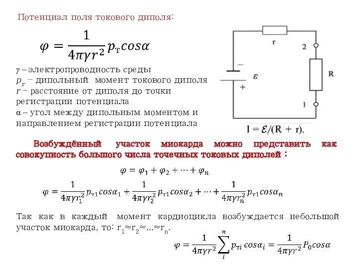 Потенциал поля токового диполя: γ – электропроводность среды pт – дипольный момент