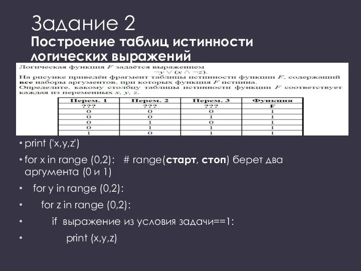 Задание 2 Построение таблиц истинности логических выражений print ('x,y,z') for x in