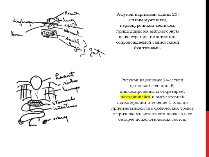 Рисунок нарисован одним 20-летним мужчиной, первокурсником-медиком, пришедшим на амбулаторную психотерапию импотенции, сопровождаемой