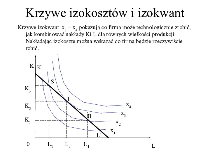 Krzywe izokosztów i izokwant Krzywe izokwant x1 – x4 pokazują co firma