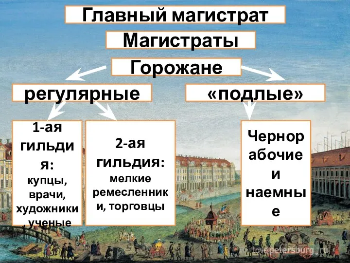 Главный магистрат Магистраты Горожане регулярные «подлые» 1-ая гильдия: купцы, врачи, художники, ученые