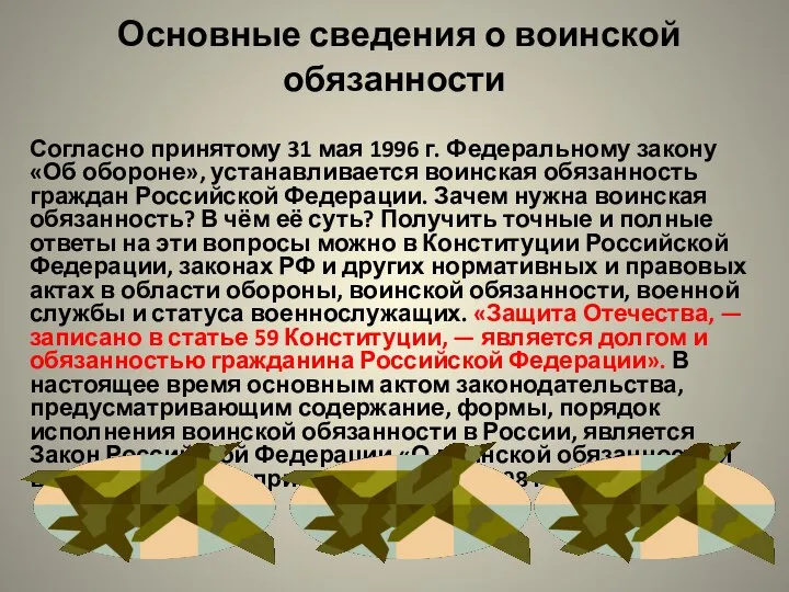 Основные сведения о воинской обязанности Согласно принятому 31 мая 1996 г. Федеральному