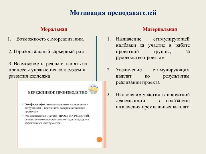 Мотивация преподавателей Моральная Возможность самореализации. 2. Горизонтальный карьерный рост. 3. Возможность реально