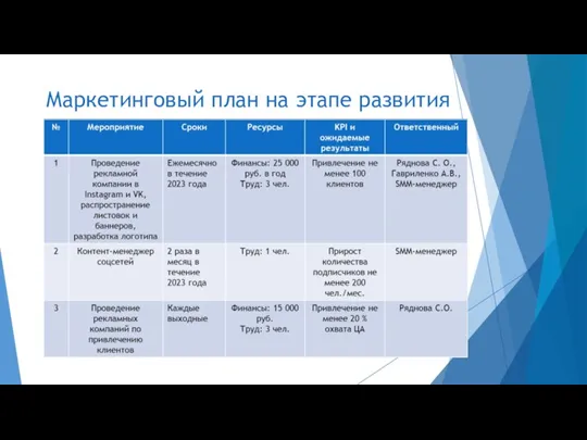 Маркетинговый план на этапе развития