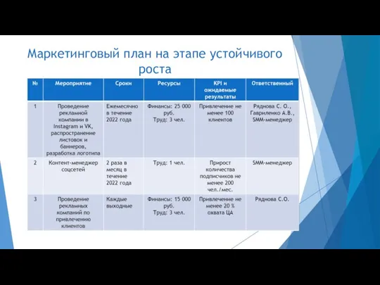 Маркетинговый план на этапе устойчивого роста