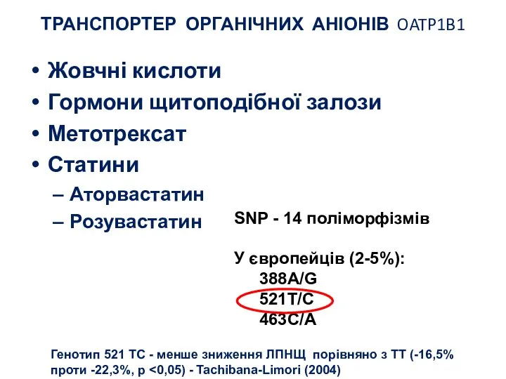 ТРАНСПОРТЕР ОРГАНІЧНИХ АНІОНІВ OATP1B1 Жовчні кислоти Гормони щитоподібної залози Метотрексат Статини Аторвастатин