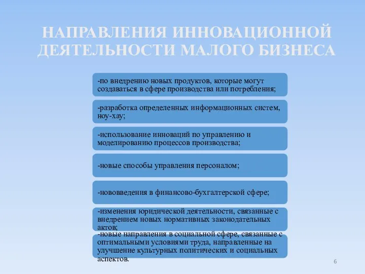 НАПРАВЛЕНИЯ ИННОВАЦИОННОЙ ДЕЯТЕЛЬНОСТИ МАЛОГО БИЗНЕСА -по внедрению новых продуктов, которые могут создаваться