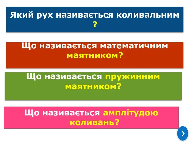 Який рух називається коливальним ? Що називається математичним маятником? Що називається пружинним