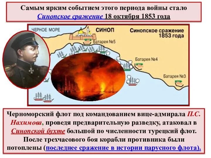 Черноморский флот под командованием вице-адмирала П.С. Нахимова, проведя предварительную разведку, атаковал в