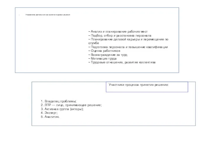 Направления деятельности при принятии кадровых решений: ~ Анализ и планирование рабочих мест