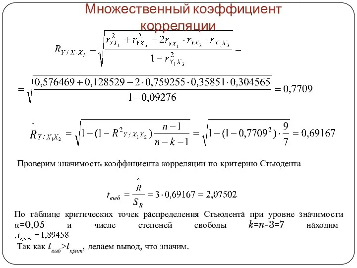 Множественный коэффициент корреляции Проверим значимость коэффициента корреляции по критерию Стьюдента По таблице