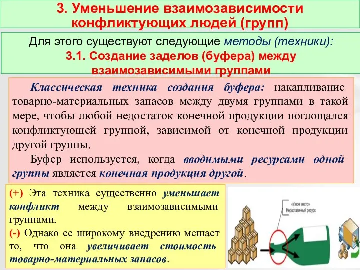 Классическая техника создания буфера: накапливание товарно-материальных запасов между двумя группами в такой