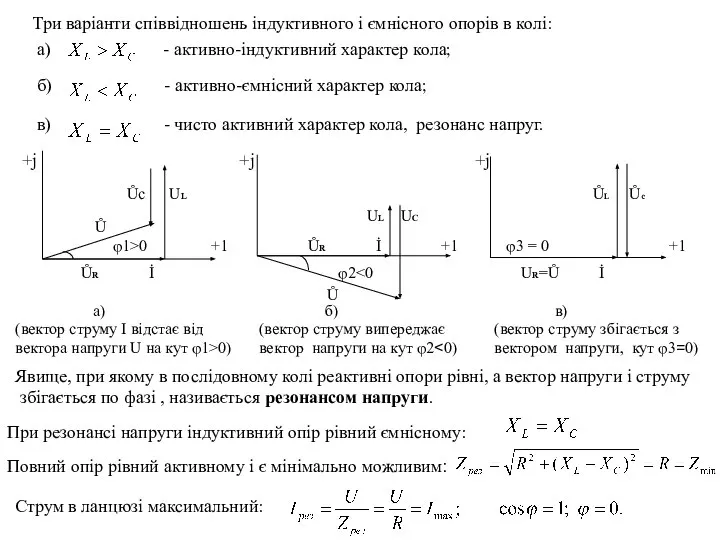 Три варіанти співвідношень індуктивного і ємнісного опорів в колі: а) - активно-індуктивний