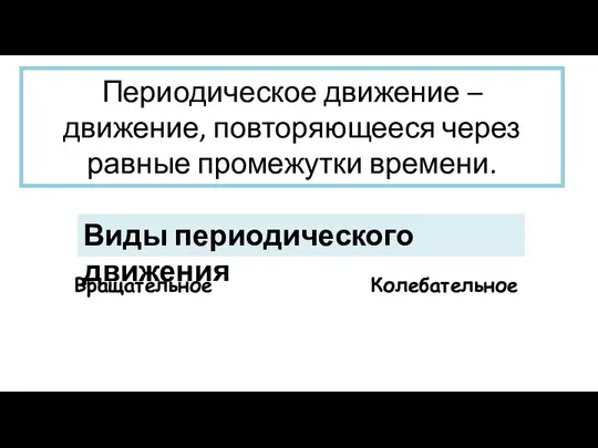 Периодическое движение – движение, повторяющееся через равные промежутки времени. Колебательное Вращательное Виды периодического движения