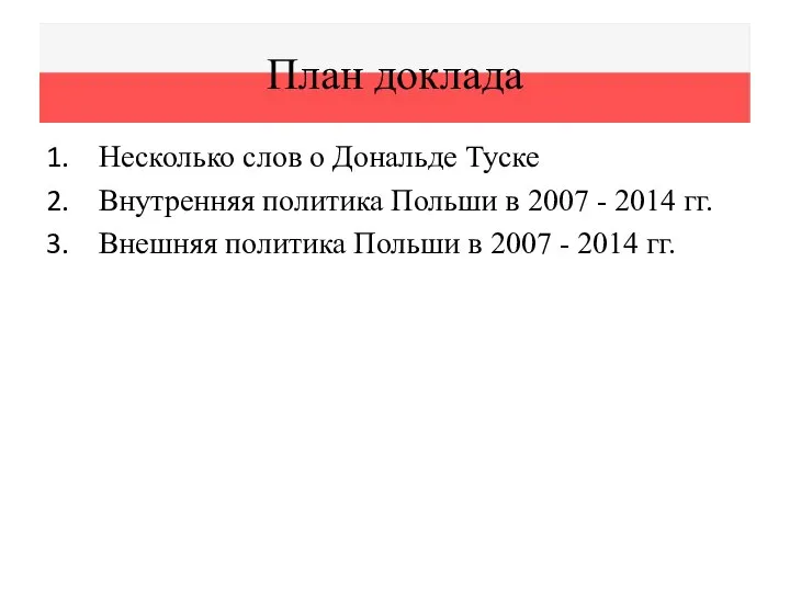 План доклада Несколько слов о Дональде Туске Внутренняя политика Польши в 2007