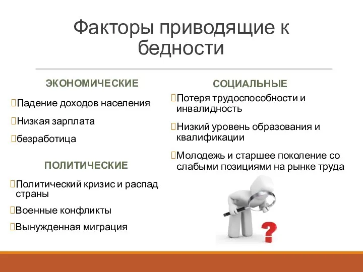 Падение доходов населения Низкая зарплата безработица Факторы приводящие к бедности ЭКОНОМИЧЕСКИЕ СОЦИАЛЬНЫЕ