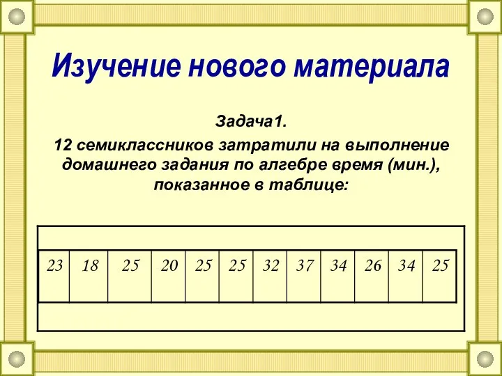 Изучение нового материала Задача1. 12 семиклассников затратили на выполнение домашнего задания по