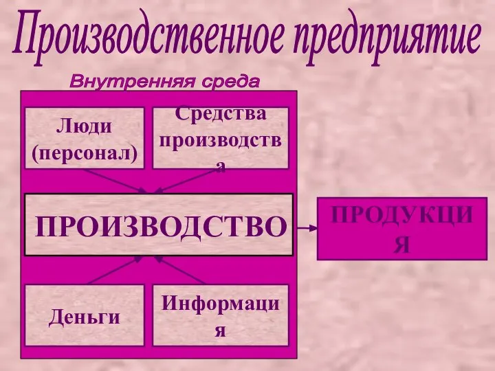 Люди (персонал) Информация Деньги Средства производства ПРОИЗВОДСТВО Производственное предприятие Внутренняя среда ПРОДУКЦИЯ