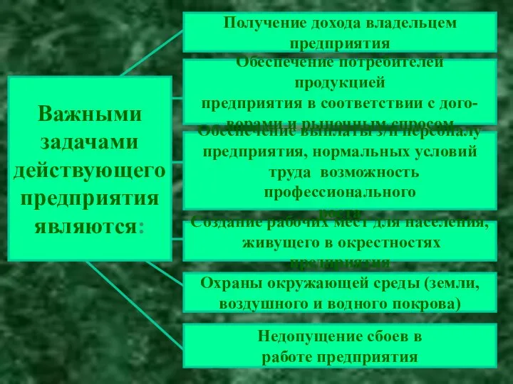 Важными задачами действующего предприятия являются: Получение дохода владельцем предприятия Обеспечение потребителей продукцией