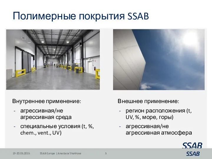 Полимерные покрытия SSAB 19-20.05.2015 SSAB Europe | Anastasia Shakhova Внутреннее применение: агрессивная/не