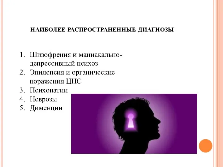 наиболее распространенные диагнозы Шизофрения и маниакально-депрессивный психоз Эпилепсия и органические поражения ЦНС Психопатии Неврозы Дименции