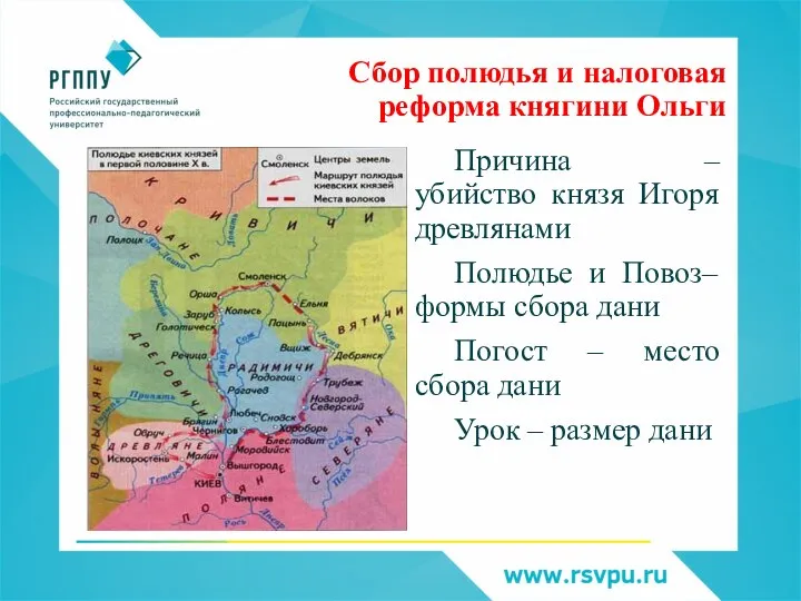 Сбор полюдья и налоговая реформа княгини Ольги Причина – убийство князя Игоря