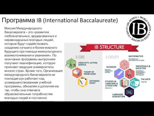 Программа IB (International Baccalaureate) Миссия Международного бакалавриата – это «развитие любознательных, эрудированных