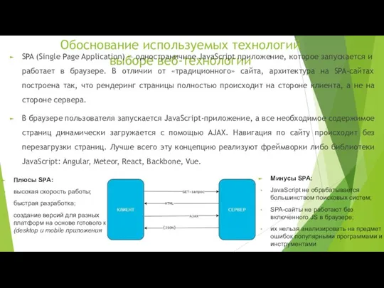 Обоснование используемых технологий выборе веб-технологии SPA (Single Page Application) — одностраничное JavaScript